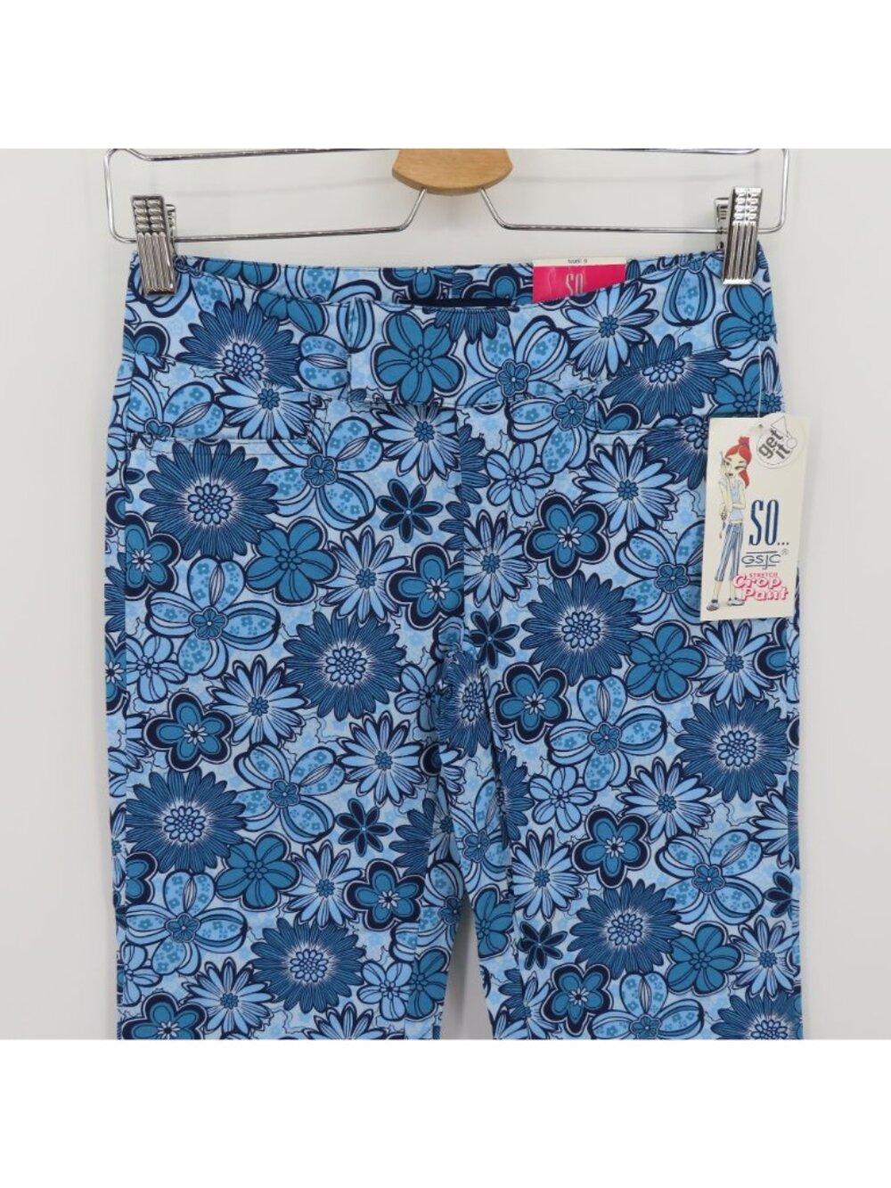 SO Juniors 0 Blue Flower Floral Stretch Crop Pants Cotton Blend Y2K 2000s NEW - Picture 2 of 11